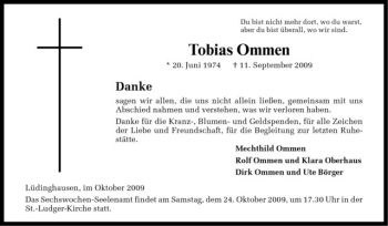 Todesanzeige von Tobias Ommen von Westfälische Nachrichten