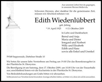Todesanzeige von Edith Wiedenlübbert von Westfälische Nachrichten