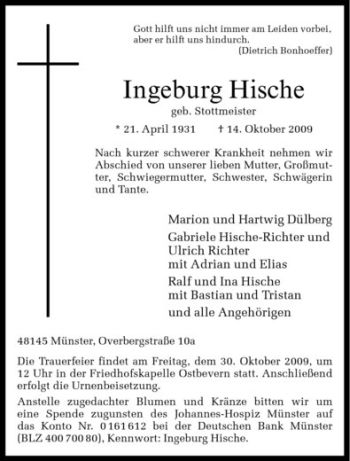 Todesanzeige von Ingeburg Hische von Westfälische Nachrichten