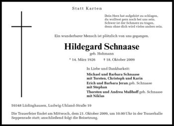 Todesanzeige von Hildegard Schnaase von Westfälische Nachrichten