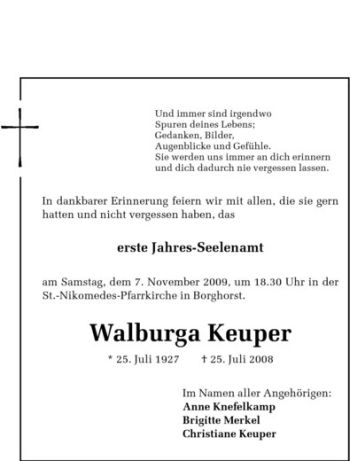 Todesanzeige von Walburga Keuper von Westfälische Nachrichten