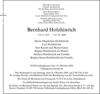 Todesanzeige von Bernhard Holzhinrich von Westfälische Nachrichten
