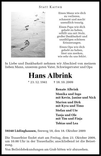 Todesanzeige von Hans Albrink von Westfälische Nachrichten