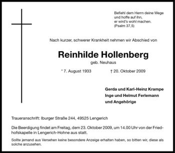 Todesanzeige von Reinhilde Hollenberg von Westfälische Nachrichten