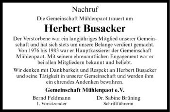Todesanzeige von Herbert Busacker von Westfälische Nachrichten