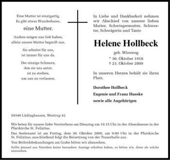 Todesanzeige von Helene Hollbeck von Westfälische Nachrichten
