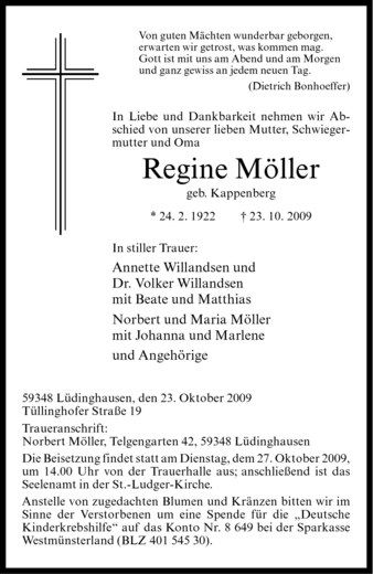 Todesanzeige von Regine Möller von Westfälische Nachrichten