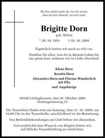 Todesanzeige von Brigitte Dorn von Westfälische Nachrichten