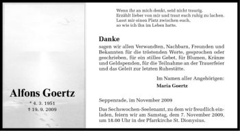Todesanzeige von Alfons Goertz von Westfälische Nachrichten