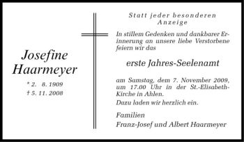 Todesanzeige von Josefine Haarmeyer von Westfälische Nachrichten