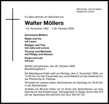 Todesanzeige von Walter Möllers von Westfälische Nachrichten