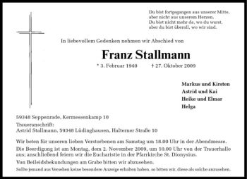 Todesanzeige von Franz Stallmann von Westfälische Nachrichten