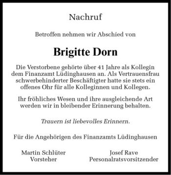 Todesanzeige von Brigitte Dorn von Westfälische Nachrichten