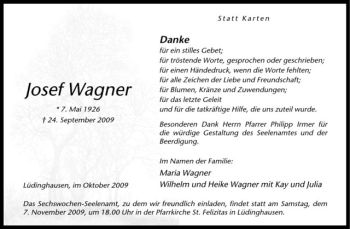 Todesanzeige von Josef Wagner von Westfälische Nachrichten