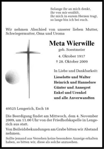 Todesanzeige von Meta Wierwille von Westfälische Nachrichten