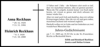 Todesanzeige von Heinrich Reckhaus von Westfälische Nachrichten