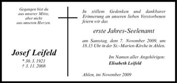 Todesanzeige von Josef Leifeld von Westfälische Nachrichten