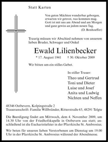 Todesanzeige von Ewald Lilienbecker von Westfälische Nachrichten