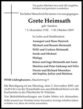 Todesanzeige von Grete Heimsath von Westfälische Nachrichten