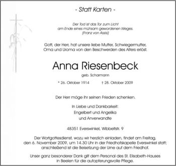 Todesanzeige von Anna Riesenbeck von Westfälische Nachrichten