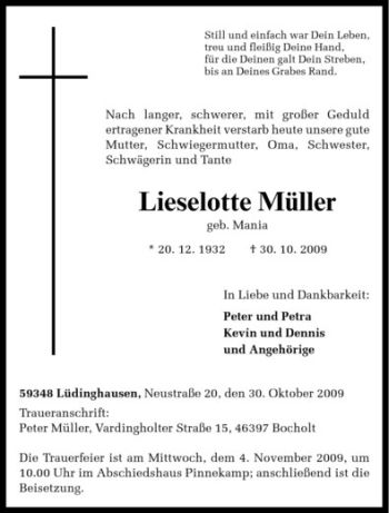 Todesanzeige von Lieselotte Müller von Westfälische Nachrichten