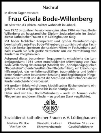 Todesanzeige von Gisela Bode-Willenberg von Westfälische Nachrichten