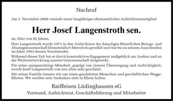 Todesanzeige von Josef Langenstroth sen. von Westfälische Nachrichten