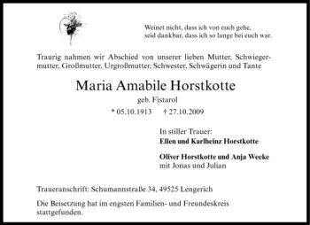 Todesanzeige von Maria Amabile Horstkotte von Westfälische Nachrichten