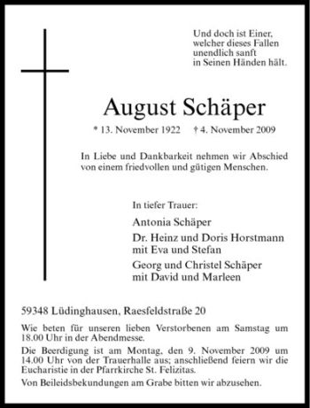 Todesanzeige von August Schäper von Westfälische Nachrichten