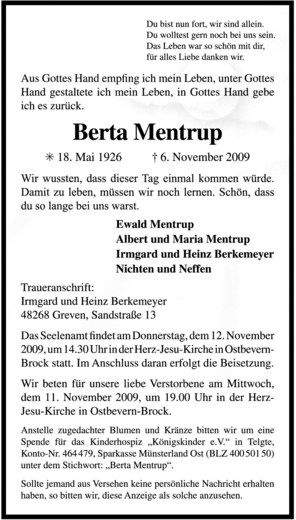 Todesanzeige von Berta Mentrup von Westfälische Nachrichten