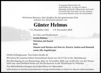 Todesanzeige von Günter Helmus von Westfälische Nachrichten