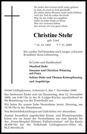 Todesanzeige von Christine Stehr von Westfälische Nachrichten