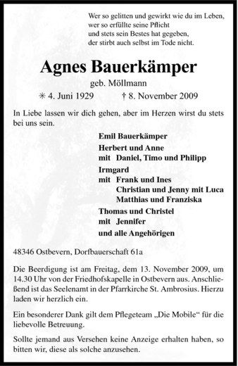 Todesanzeige von Agnes Bauerkämper von Westfälische Nachrichten