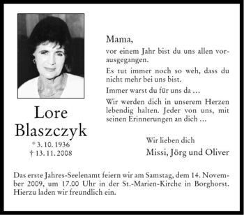 Todesanzeige von Lore Blaszczyk von Westfälische Nachrichten