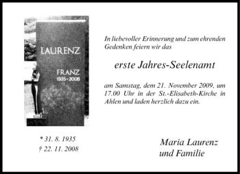 Todesanzeige von Franz Laurenz von Westfälische Nachrichten