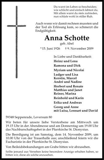 Todesanzeige von Anna Schotte von Westfälische Nachrichten