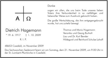 Todesanzeige von Dietrich Hagemann von Westfälische Nachrichten