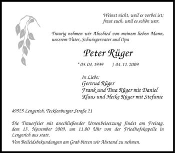 Todesanzeige von Peter Rüger von Westfälische Nachrichten