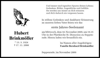 Todesanzeige von Hubert Brinkmöller von Westfälische Nachrichten