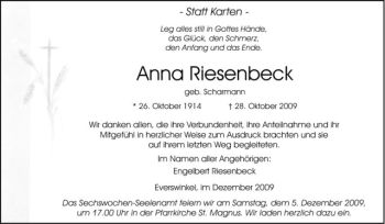 Todesanzeige von Anna Riesenbeck von Westfälische Nachrichten