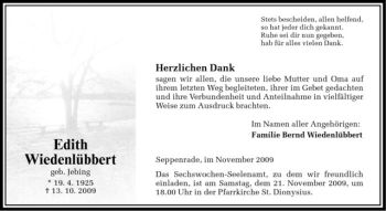Todesanzeige von Edith Wiedenlübbert von Westfälische Nachrichten