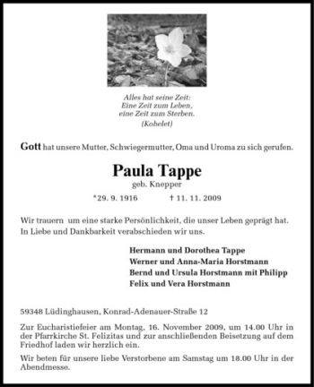Todesanzeige von Paula Tappe von Westfälische Nachrichten