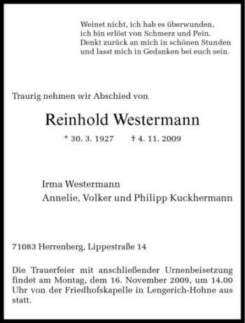Todesanzeige von Reinhold Westermann von Westfälische Nachrichten