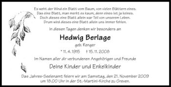 Todesanzeige von Hedwig Berlage von Westfälische Nachrichten