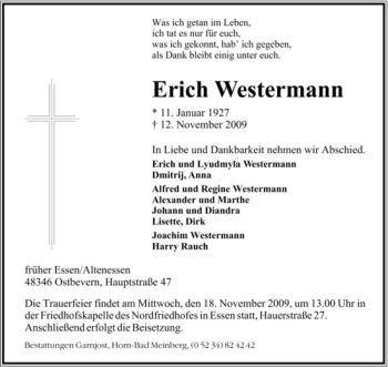 Todesanzeige von Erich Westermann von Westfälische Nachrichten
