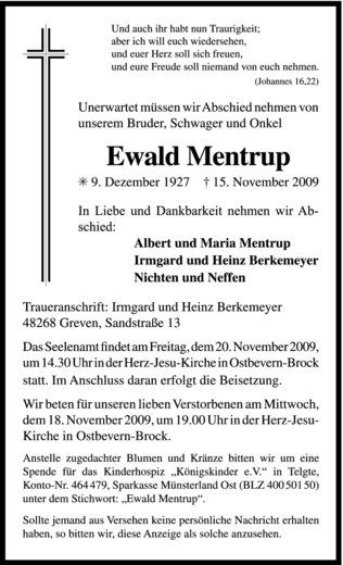 Todesanzeige von Ewald Mentrup von Westfälische Nachrichten