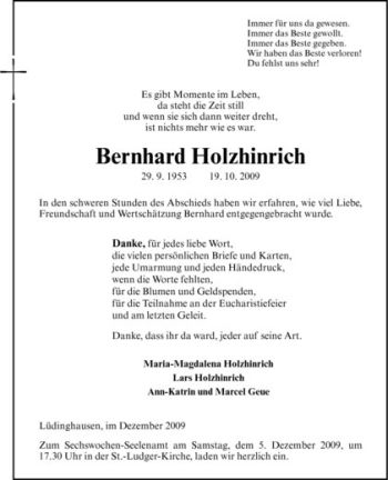 Todesanzeige von Bernhard Holzhinrich von Westfälische Nachrichten