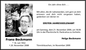 Todesanzeige von Franz Beckmann von Westfälische Nachrichten