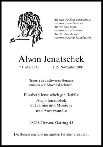Todesanzeige von Alwin Jenatschek von Westfälische Nachrichten