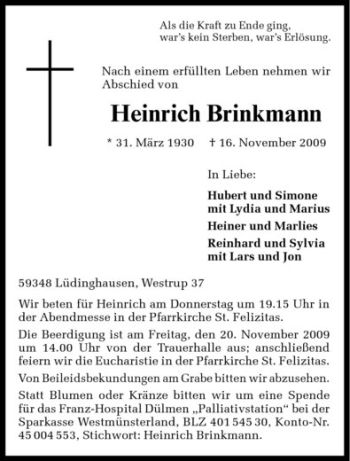 Todesanzeige von Heinrich Brinkmann von Westfälische Nachrichten